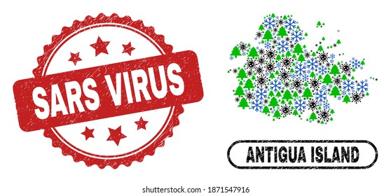 Vector coronavirus New Year mosaic Antigua Island map and Sars Virus corroded stamp seal. Sars Virus watermark uses rosette shape and red color. Mosaic Antigua Island map is done of scattered virus,