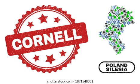 Vektorcoronavirus Neujahr Mosaik Schlesische Woiwodschaft Karte und Cornell schmutzige Stempel Imitation. Die Cornell-Robbe verwendet Rosette-Form und rote Farbe.