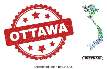 Mapa de Vietnam del mosaico del Vector coronavirus New Year y sello de goma de Ottawa. El sello Ottawa utiliza la forma de rosette y el color rojo. Collage Vietnam map está formado por virus al azar, nieve, iconos del árbol de Año Nuevo.