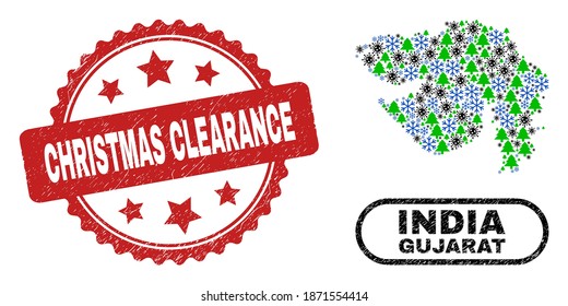 Vektor coronavirus Neujahr Mosaik Gujarat State Karte und Heiligabend Gummi Siegel. Weihnachts-Clearance-Siegel verwendet Rosette-Form und rote Farbe.