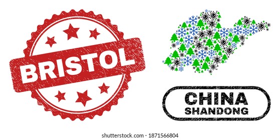 Vector coronavirus New Year mosaic Shandong Province map and Bristol grunge stamp print. Bristol stamp seal uses rosette shape and red color.