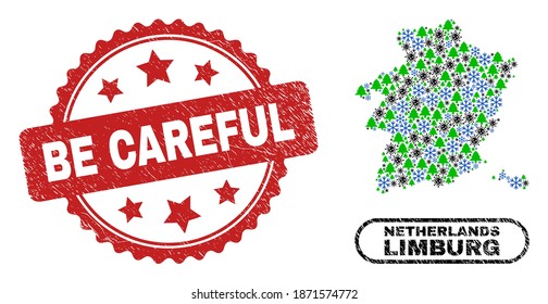 Mapa del mosaico del Vector coronavirus Año Nuevo de la provincia de Limburg y estampado del timbre de Be Careful. El sello Tenga cuidado usa forma de rosette y color rojo.
