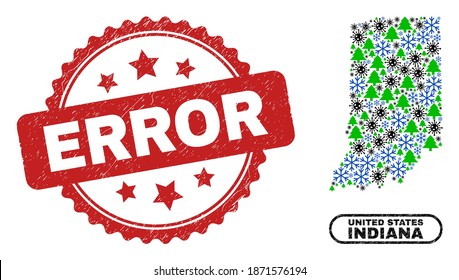 Mapa del estado de Indiana del mosaico del Vector coronavirus New Year y sello sucio Error. El sello de marca de error usa forma de rosette y color rojo. Collage Indiana State map se forma con virus covid al azar 2019,