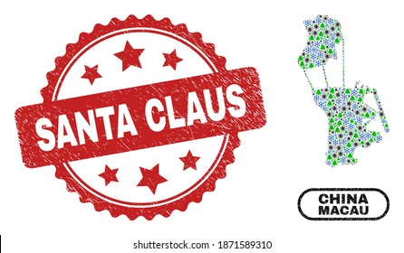 Vector coronavirus New Year mosaic Macau map and Santa Claus unclean seal. Santa Claus stamp seal uses rosette shape and red color. Mosaic Macau map is created with randomized covid- 2019 virus, snow,