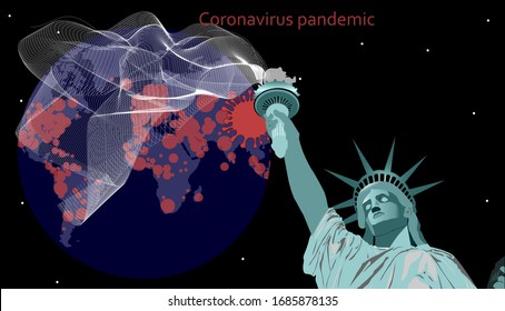Vector coronavirus pandemic. Virus spread on a map of the earth (2019-nCov) . World disinfection. The Statue of Liberty. Global catastrophe.