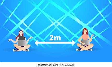 Vector Coronavirus prevention campaign 2 meter distance with two women, yang female and laptops. Global viral epidemic awareness social media quarantine tag covid19.