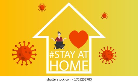 Vector Coronavirus prevention campaign of stay at home and we are stronger together slogan woman, female and home icon. Global viral epidemic awareness social media quarantine tag covid19.