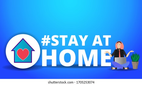 Vector Coronavirus prevention campaign of stay at home and we are stronger together slogan woman, female and home icon. Global viral epidemic awareness social media quarantine tag covid19.