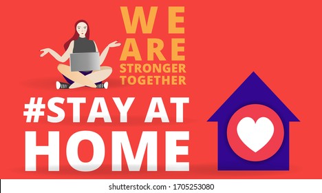 Vector Coronavirus Prevention Campaign Of Stay At Home And We Are Stronger Together Slogan Woman, Female And Home Icon. Global Viral Epidemic Awareness Social Media Quarantine Tag Covid19.