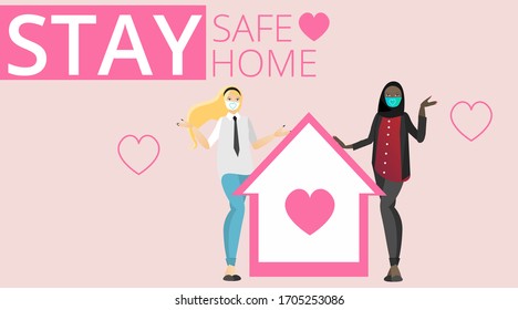 Vector Coronavirus prevention campaign of stay at home and we are stronger together slogan woman, female and home icon. Global viral epidemic awareness social media quarantine tag covid19.