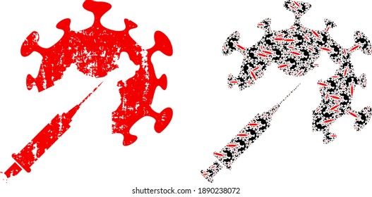Vector coronavirus vaccine injection mosaic is formed with randomized fractal coronavirus vaccine injection parts. Grunge coronavirus vaccine injection icon.