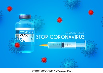 Vector coronavirus vaccine. Stop COVID-19 (nCoV 2019). Vaccine and syringe injection. Medicine infectious concept. Heath care design.