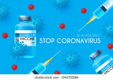 Vector coronavirus vaccine. Stop COVID-19 (nCoV 2019). Vaccine and syringe injection. Medicine infectious concept. Heath care design.
