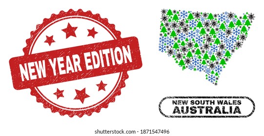 Collage de invierno del Vector coronavirus Nueva Gales del Sur y sello rayado de la edición de Año Nuevo. El sello de la edición de Año Nuevo utiliza la forma de rosette y el color rojo.