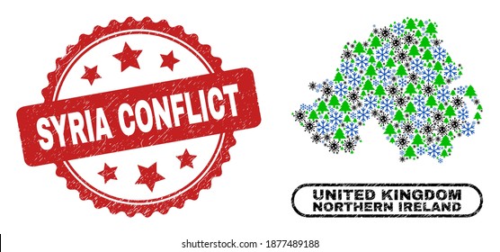 Vector coronavirus winter collage Northern Ireland map and Syria Conflict grunge stamp seal. Syria Conflict stamp uses rosette shape and red color.