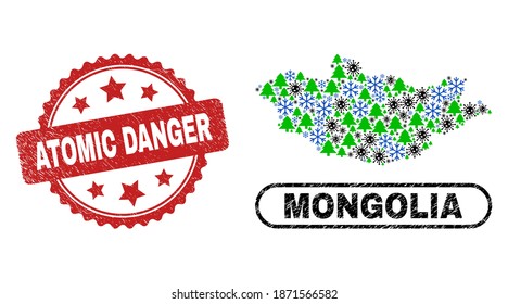 Mapa de Mongolia con combinación de invierno de coronavirus vectores y sello de timbre de peligro atómico. El sello del peligro atómico utiliza forma de rosette y color rojo. El mapa de Mongolia de Collage está hecho de virus de la gripe al azar,