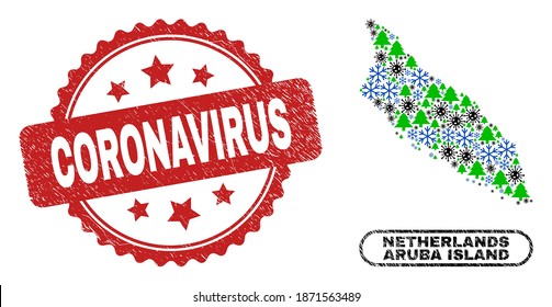 Vector coronavirus winter mosaic Aruba Island map and Coronavirus dirty stamp seal. Coronavirus stamp seal uses rosette shape and red color.