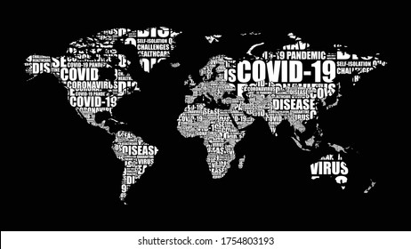 Vector coronavirus word cloud in the shape of the world map, white words on black background. The most prominent words include COVID-19, coronavirus, virus, disease, and other pandemic-related terms.