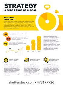 Vector corporate business template infographic with yellow stopwatch, graph, icons, header, text on white background. Flat style design of business infographic for annual report, poster, mobile design