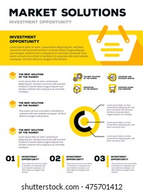 Vector corporate business template infographic with shopping cart, icons, chart, header, text on white and yellow background. Flat style design of business infographic for annual report, poster, print