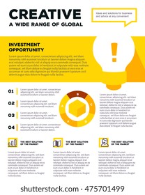 Vector corporate business template infographic with light bulb, chart, icons, header, text on white and yellow background. Flat style design of business infographic for annual report, poster, mobile