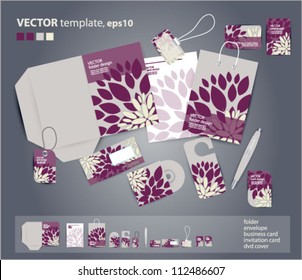 Vector corporate design for business artworks: folder, business card, invitation card, packege, badge, blank, pen, dvd cover, envelope on floral background .