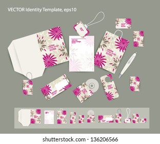 Vector corporate design for business artworks: folder, business card, invitation card, packege, badge, blank, pen, dvd cover, envelope on floral background.