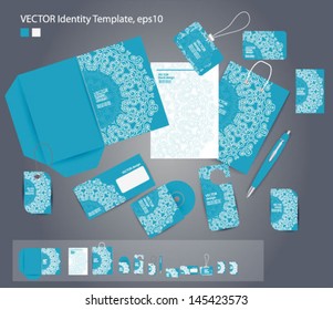 Vector corporate design for business artworks: folder, business card, invitation card, bag, badge, blank, pen, dvd cover, envelope on floral background.