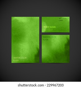 vector corporate identity with green paint watercolor splash background. set of brand stationery template for web or print design. banner, business card, flyer, invitation, greeting card, postcard