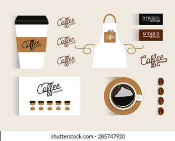 Vector Corporate Identity Mock Up For A Coffee Shop, With Coffee Cup, Loyalty Card And Coffee Logo On Beige Background. Vector And Illustration Design.