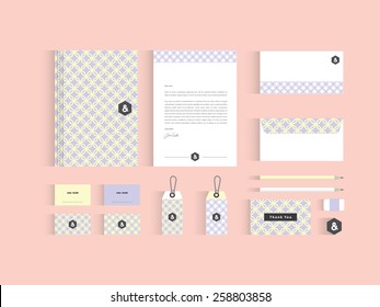 Vector corporate identity mock up. Lavender an pastel yellow colors with circle seamless pattern