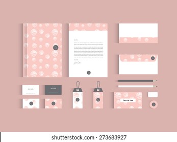 Vector corporate identity mock up. Pink rose seamless pattern with abstract symbol.