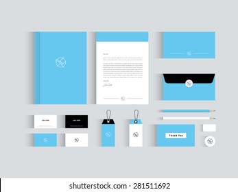 Vector corporate identity mock up. Light blue and black and white colors with abstract symbol