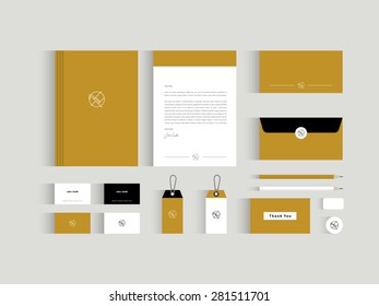 Vector corporate identity mock up. Light brown and black and white colors with abstract symbol