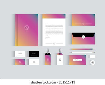 Vector corporate identity mock up. Pink, orange and blue gradient with abstract symbol