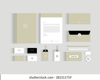 Vector corporate identity mock up. Beige and black and white colors with abstract symbol