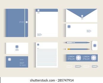 Vector corporate identity mock up. With colors in blue and white on beige background. Vector and illustration design.