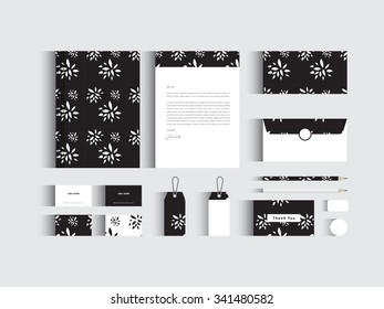 Vector corporate identity mock up. Flower pattern in black and white