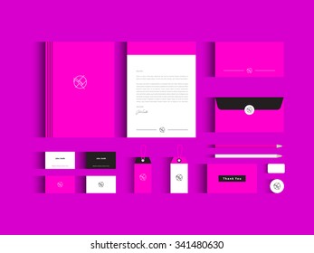Vector corporate identity mock up. Magenta and white colors with abstract symbol.