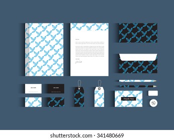 Vector corporate identity mock up. Blue leaf pattern with black