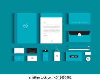 Vector corporate identity mock up. Blue and white colors with abstract symbol.
