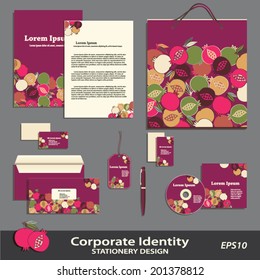 Vector corporate identity Pomegranate pattern stationery design template. Brand visualization business set. Multicolor against vinous background. Business Cards Envelope Folder Letter CD Bag Pen Badge