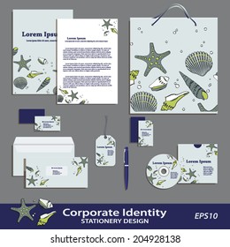 Vector corporate identity Sea Pattern stationery design template. Brand visualization business set. Multicolor against light blue background. Business Cards Envelope Folder CD Bag Pen Badge Shell icon