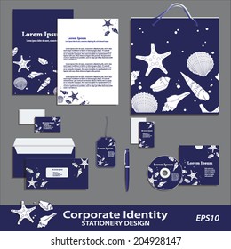 Vector corporate identity Sea Pattern stationery design template Brand visualization business set White against navy indigo background Business Cards Envelope Folder Letter CD Bag Pen Badge Shell icon