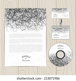 Vector corporate identity template with  chaotic doodles. Business card, disc, document, badge .Eps10