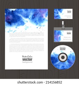 Vector corporate identity template with watercolor elements. Business card, disc, document, badge. Eps10