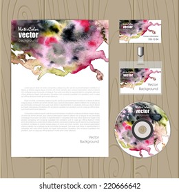 Vector corporate identity template with watercolor elements. Business card, disc, document, badge. Eps10