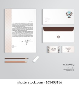 Vector corporate identity templates. Beautiful floral pattern in vintage style. Simple delicate ornament. Letterhead, envelope, business card, pencils, eraser. Easy editing of all parts and colors