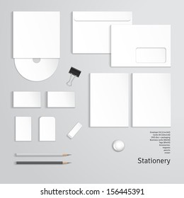 Vector corporate identity templates. Cards, envelope, business cards, pencils, tags, magnet, clip, eraser.