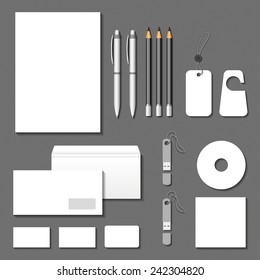 Vector corporate identity templates. Cards, letter, envelope, business cards, pencils, pens, tags, USB flash memory. 